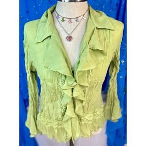 Vtg 90s Y2K Fairy Lace Ruffle Like Green Whimsy Top Long Sleeve Button Up Large